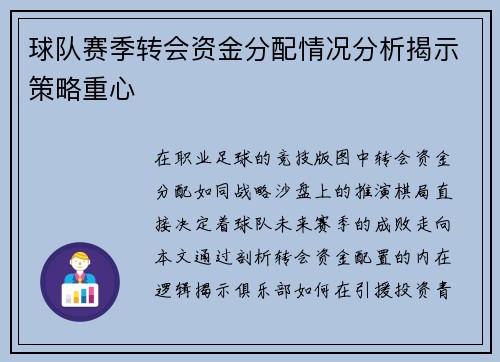 球队赛季转会资金分配情况分析揭示策略重心